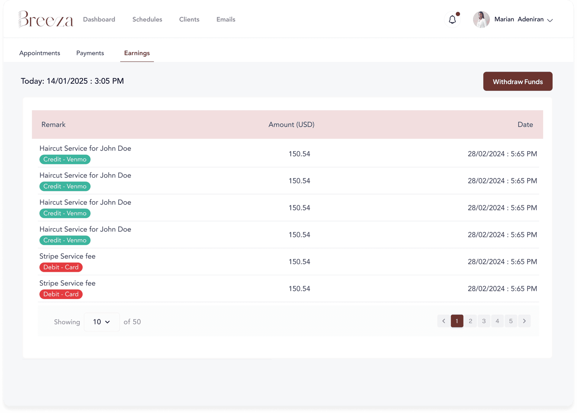 The Breeza app showing bookings and earnings