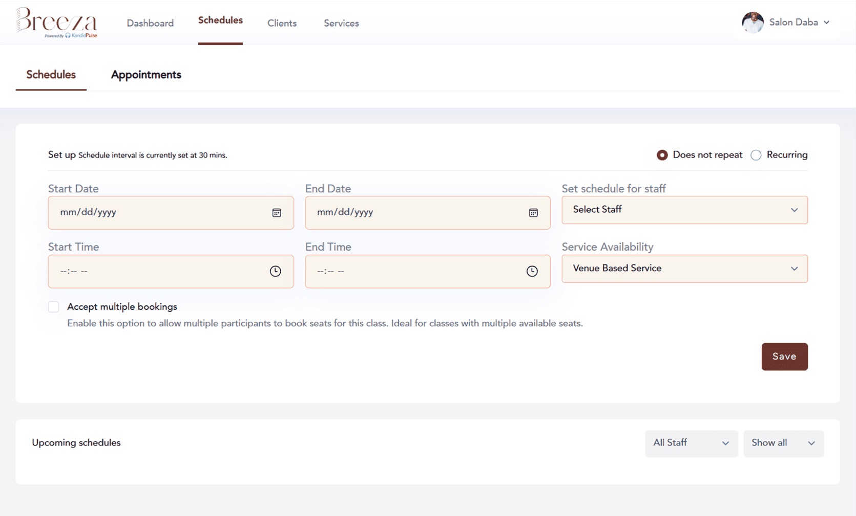Calendar management in the Breeza app