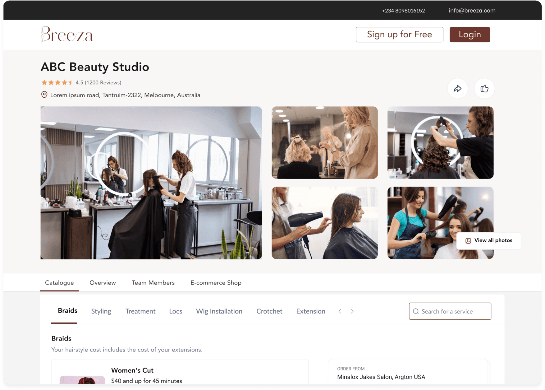 Customizable business page in the Breeza app